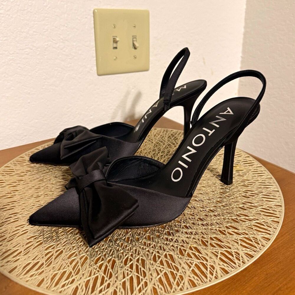 NWB Antonio Melani Pomona Black Satin Bow Pointed Toe Slingback Heels 10M